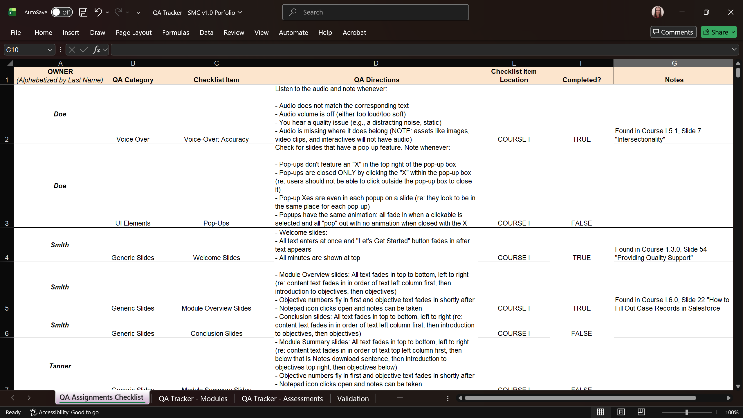 QA Tracker Spreadsheet
